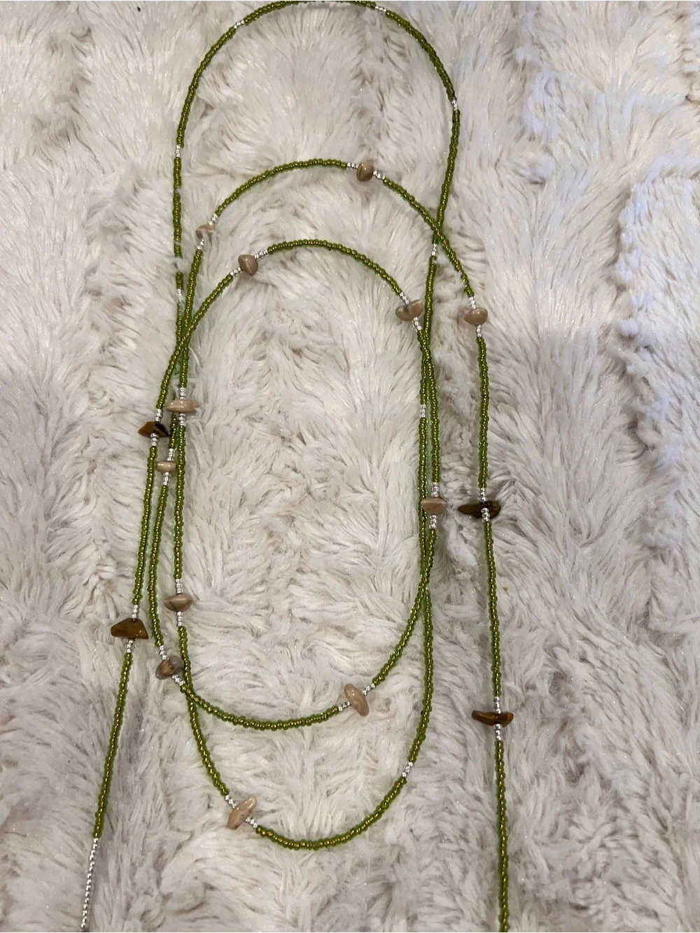 Handmade Green Beaded Lariat Necklace with Brown Resin Pendants